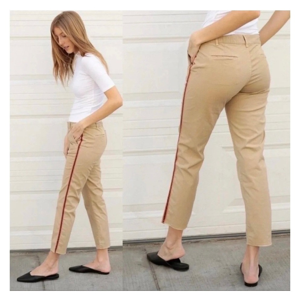 Nili Lotan Khaki Tan Red Side Stripe Raw Hem Cropped Pants Size 00 2909988